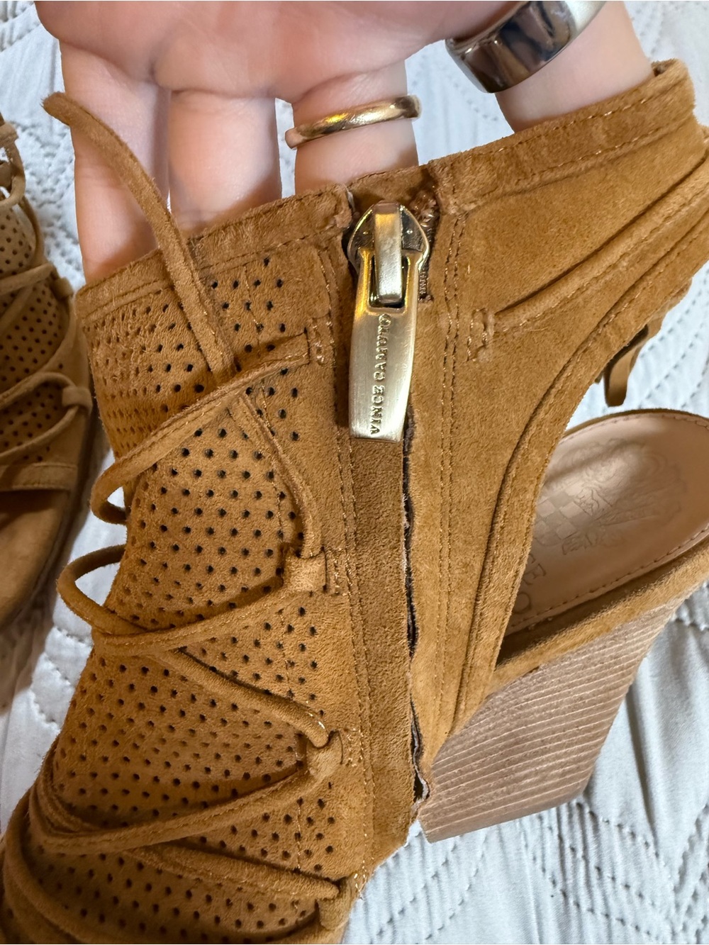 Vince Camuto Tan Perforated Suede Lace-Up Wedge Sandals - Picture 13 of 13
